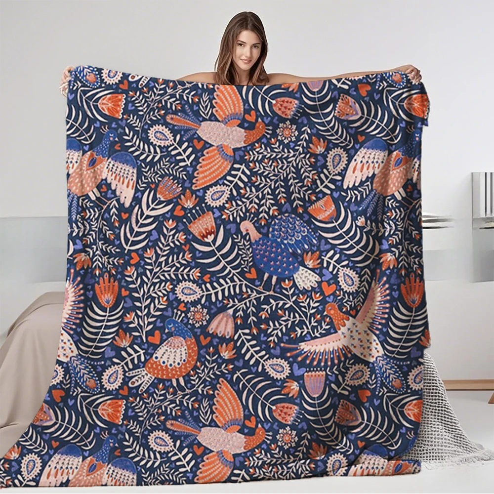 

Cold/Warm Weather Flannel Blankets Swedish Folk Art Birds Floral Pattern Bedspread Hotel-Style Cover Ultra-Soft Touch Blanket