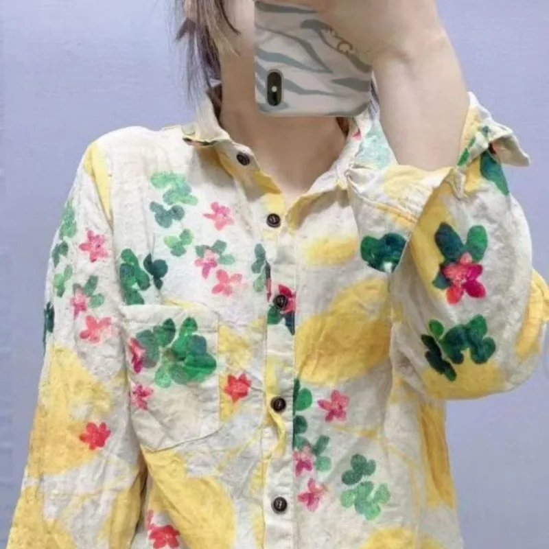 Women\'s Fashion Vintage Floral Printed Button Up Shirt Casual Lapel Cotton Linen Blouse Long Sleeve Loose All Match Tops Blusas