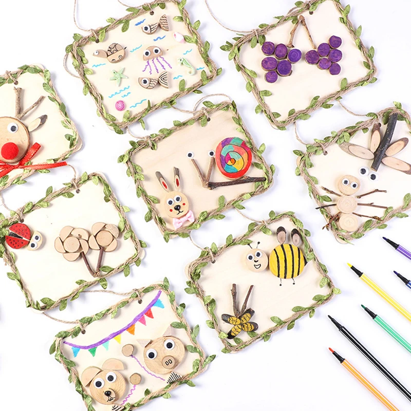 Children Hand Made Wooden Puzzles Material Package Animal Fruit Puzzles Stickers Educational DIY Toys Home Wall Desk Decoration