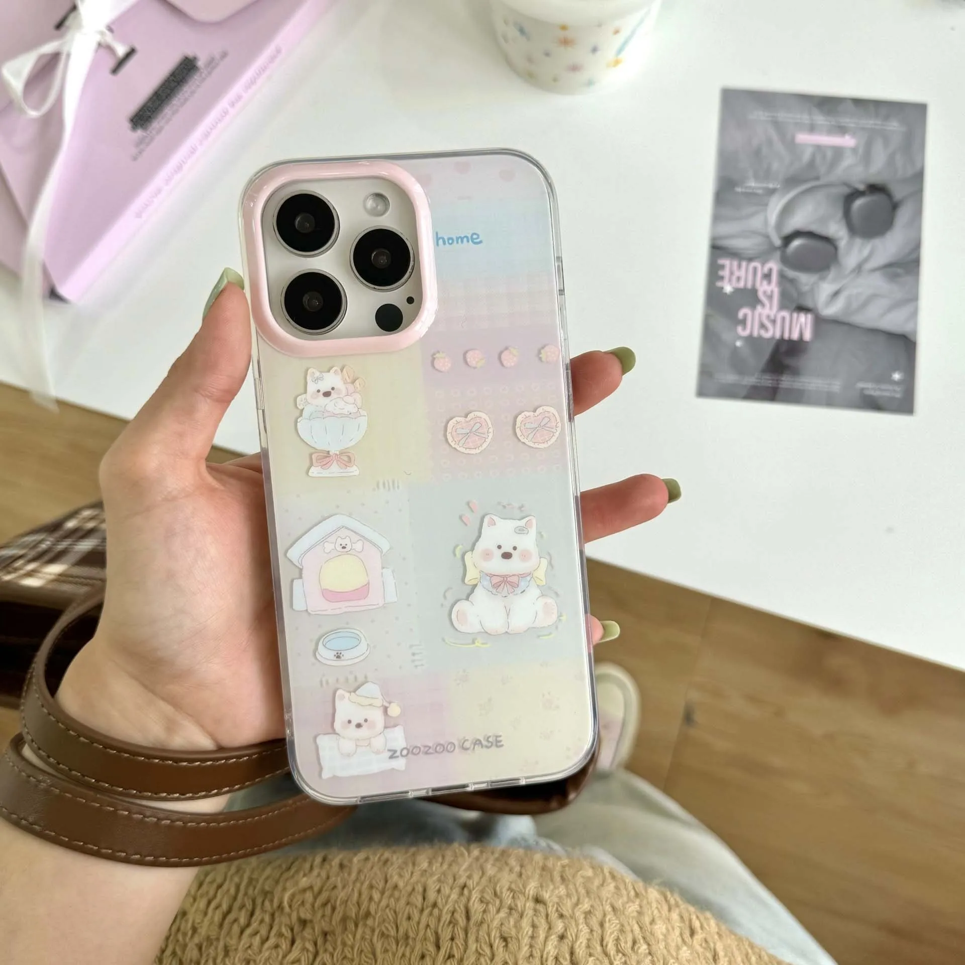 Lovely Puppy Ins Montage Check Phone Case For Iphone 15 14 12 Pro Max 13ProMax 14Pro 13 15ProMax Cartoon Cute House Fundas