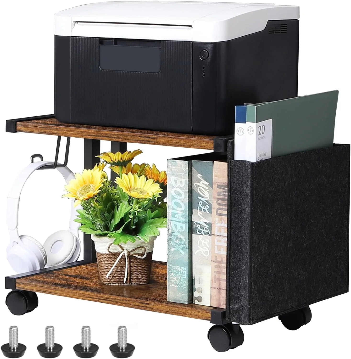 Printer Stand with Storage Bag Under Desk Printer Table on Wheels 2 Tier Small Desktop Rolling Stand Shelf  (Brown)