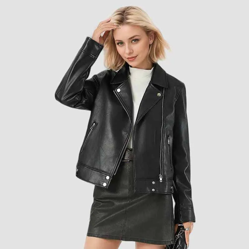 Women  Black Leather Jacket Vintage Zipper Turndown Collar Motorcycle Short Chic Faux Leather Coat Autumn New