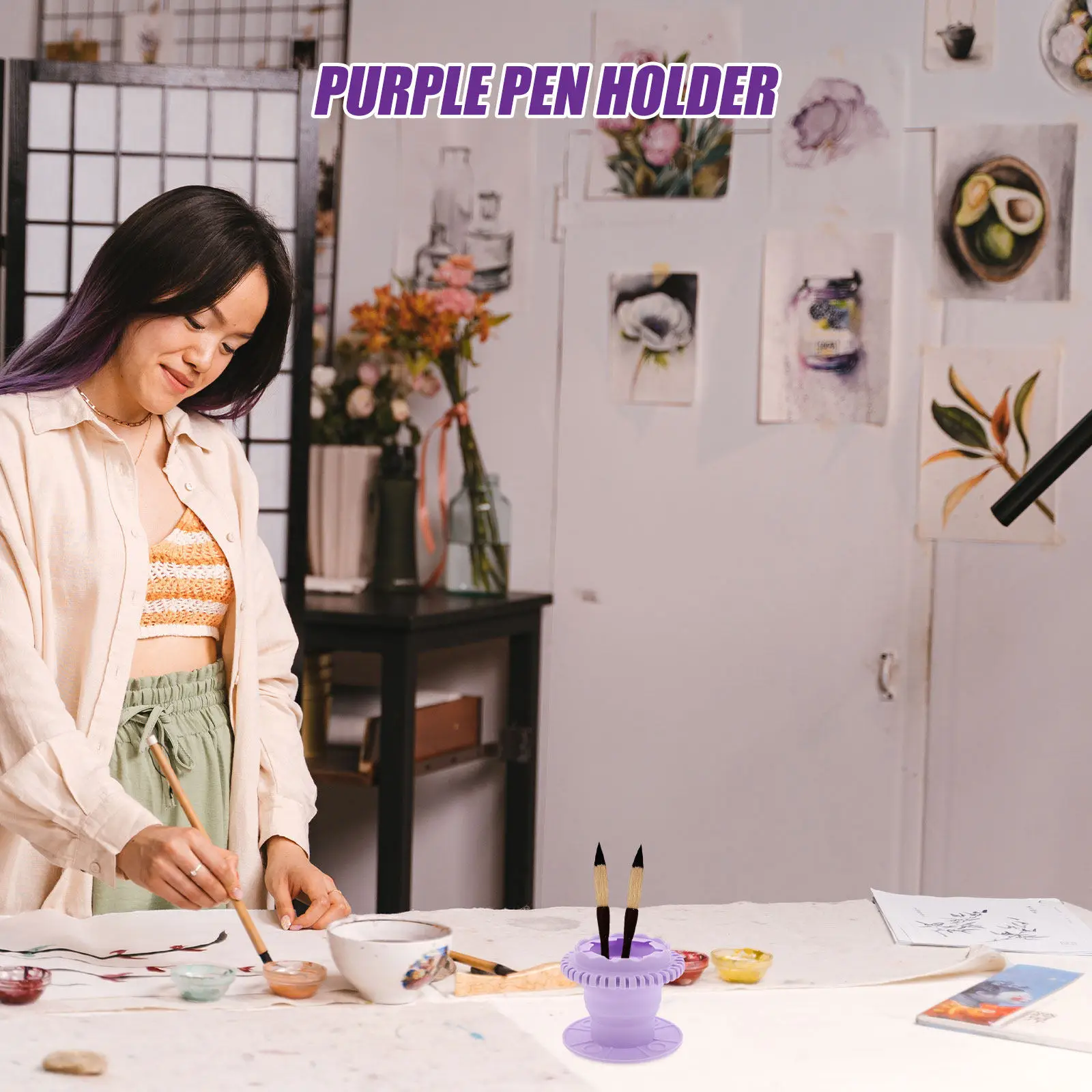 Suporte de Silicone Roxo para Limpeza de Pincéis de Pintura, Organizador Compacto para Pincéis de Maquiagem, Copo de Secagem, Recipiente para Limpeza de Ferramentas de Arte