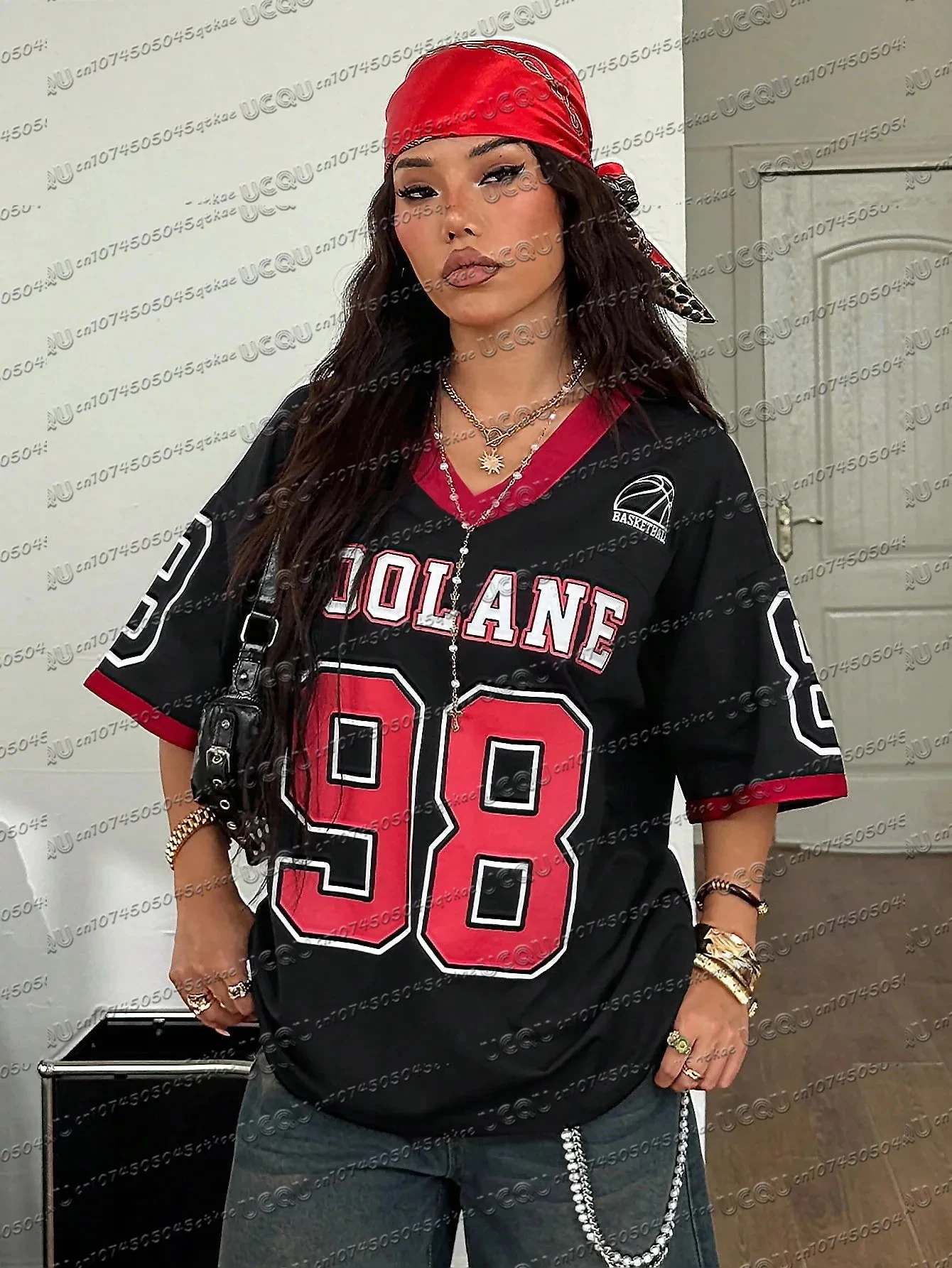 Color Block Design Women Short Sleeve Red Black Contrast Digital Printed V-Neck Sports Cheerleader T-Shirt