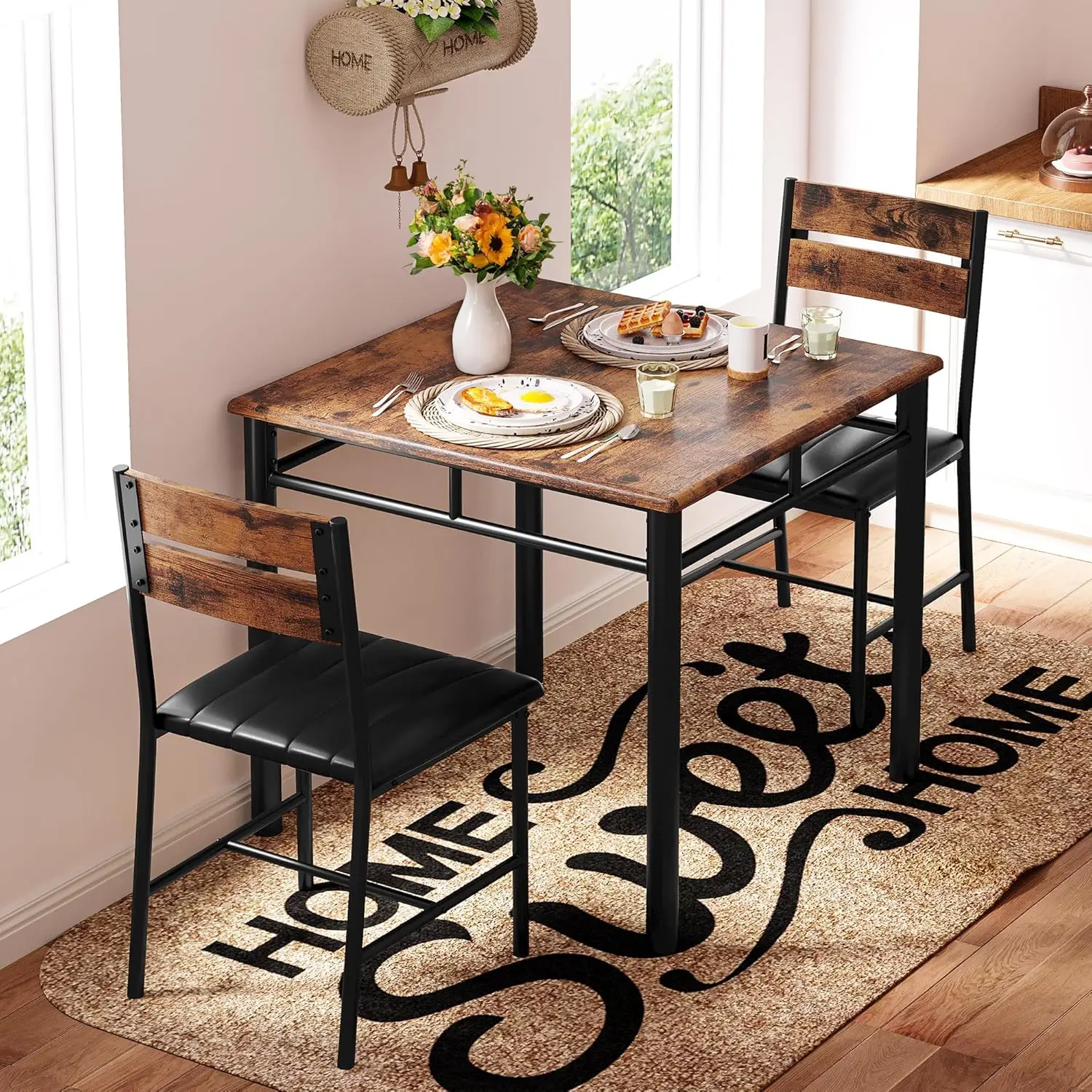 Dining Table Set for 2, Small Kitchen Table with Upholstered Chairs Dinning Table Set for Kitchen & Dining Room, Compact Dining