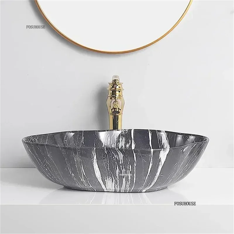 Lavabos de baño de cerámica china, lavabo de encimera con diseño de mármol, lavabo de lujo, muebles de baño creativos