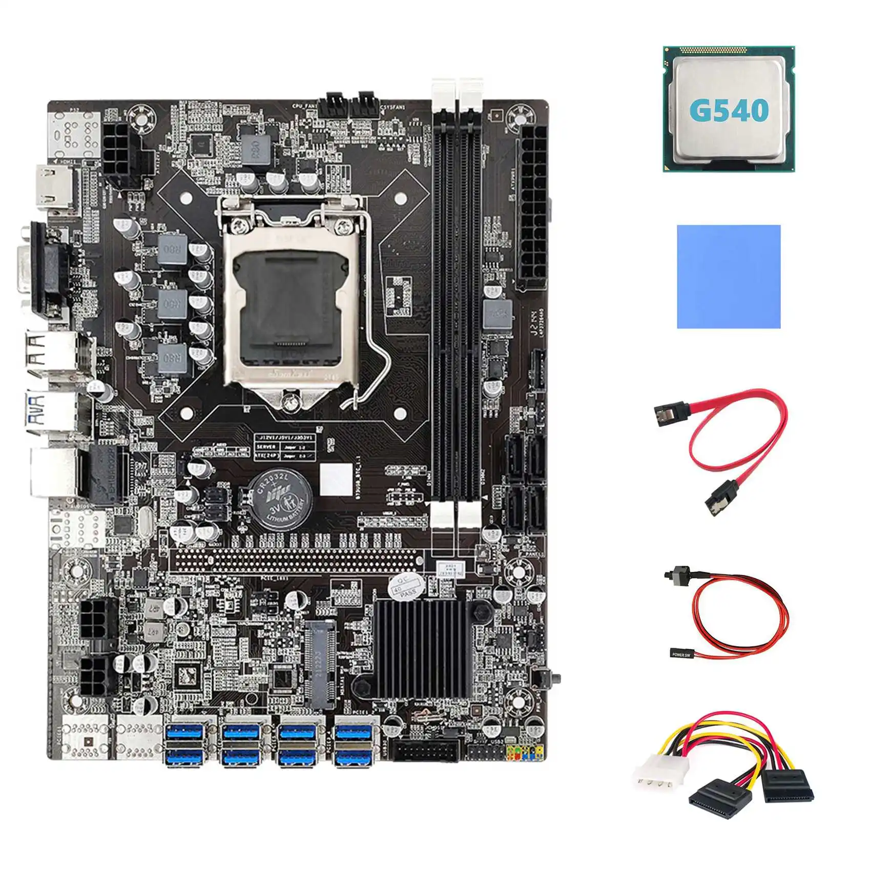 

B75 BTC Miner Motherboard 8XPCIE to USB+G540 CPU+4PIN to SATA Cable+SATA Cable+Switch Cable+Thermal Pad Motherboard