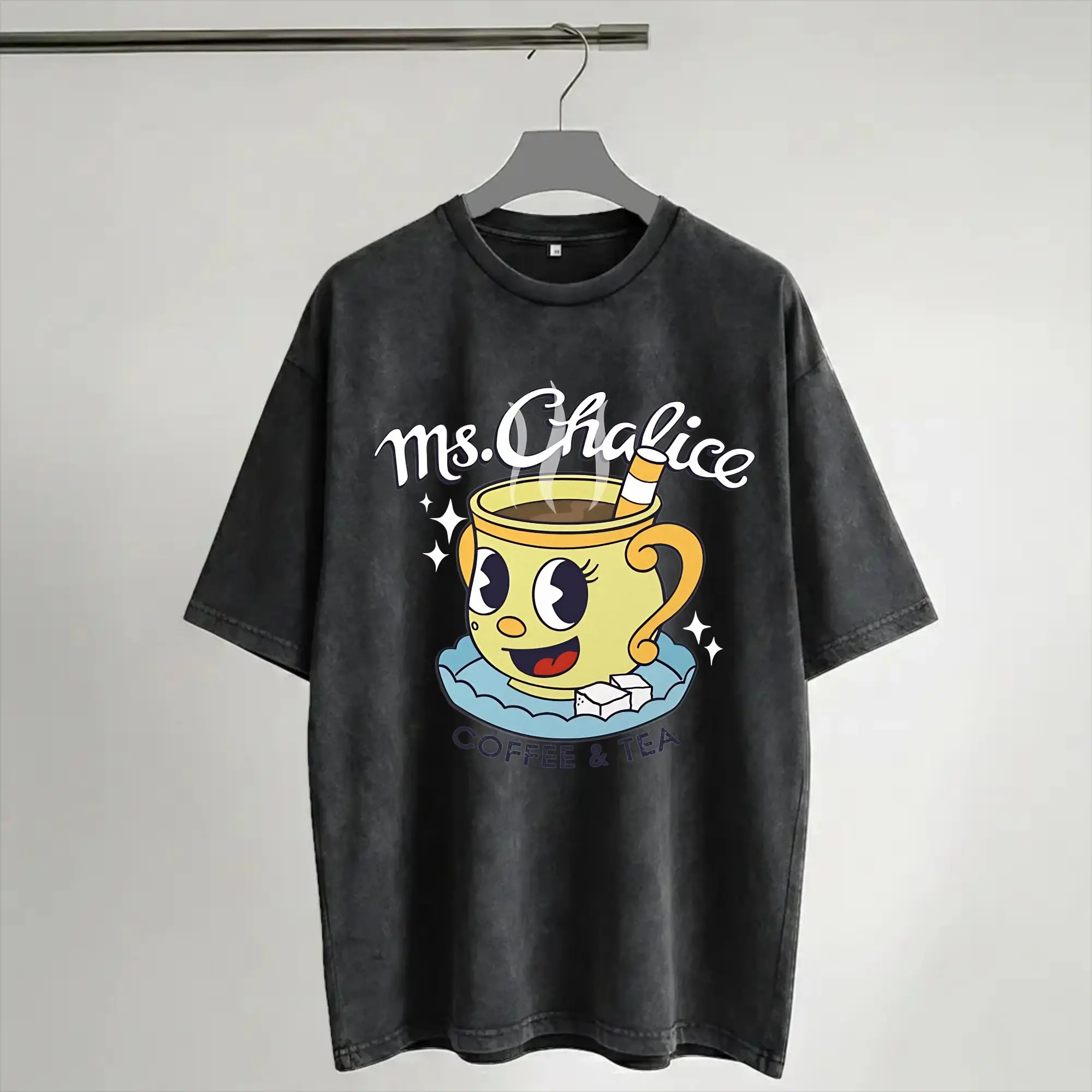 Cuphead and Mugman cup mug T Shirts Hip Hop Washed Short Sleeve High Street T-Shirt  Vintage Men Women Streetwear