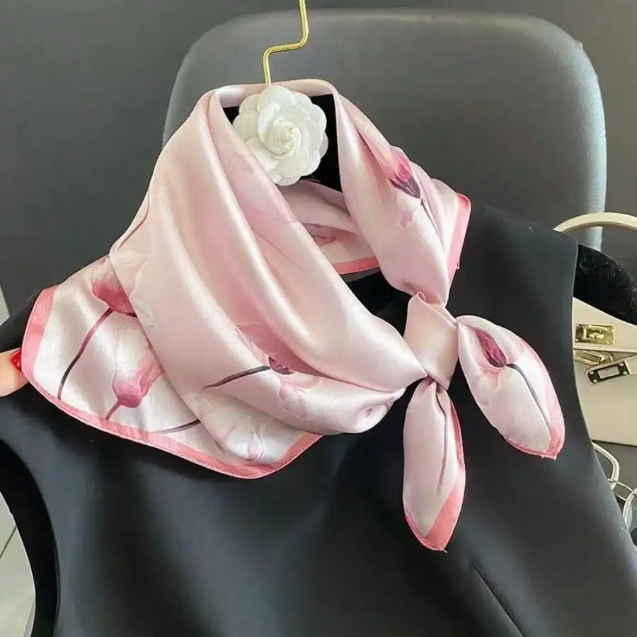 

Women's Pink Floral Satin Scarf, Square Faux Silk Headscarf, French Elegant Daily Neck Accessory
