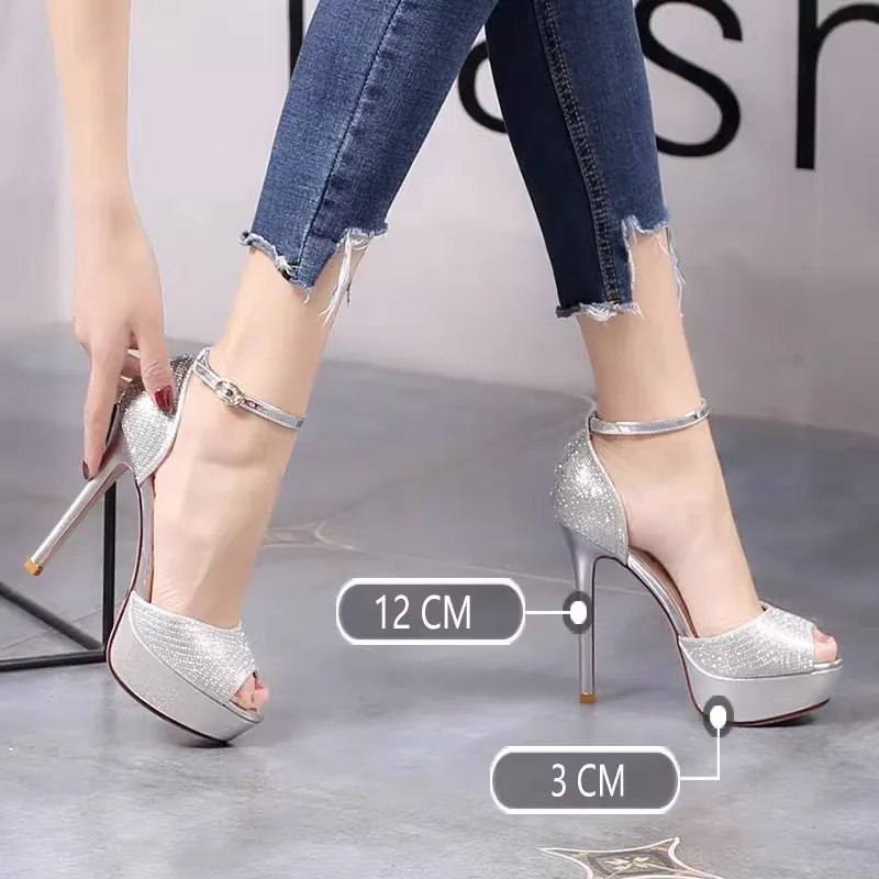 2024 Women 12cm High Heels 3cm Platform Peep Toe Pumps Lady Extreme Heels Crystal Bling Sandals Queen Diamond Gold Sandles Shoes