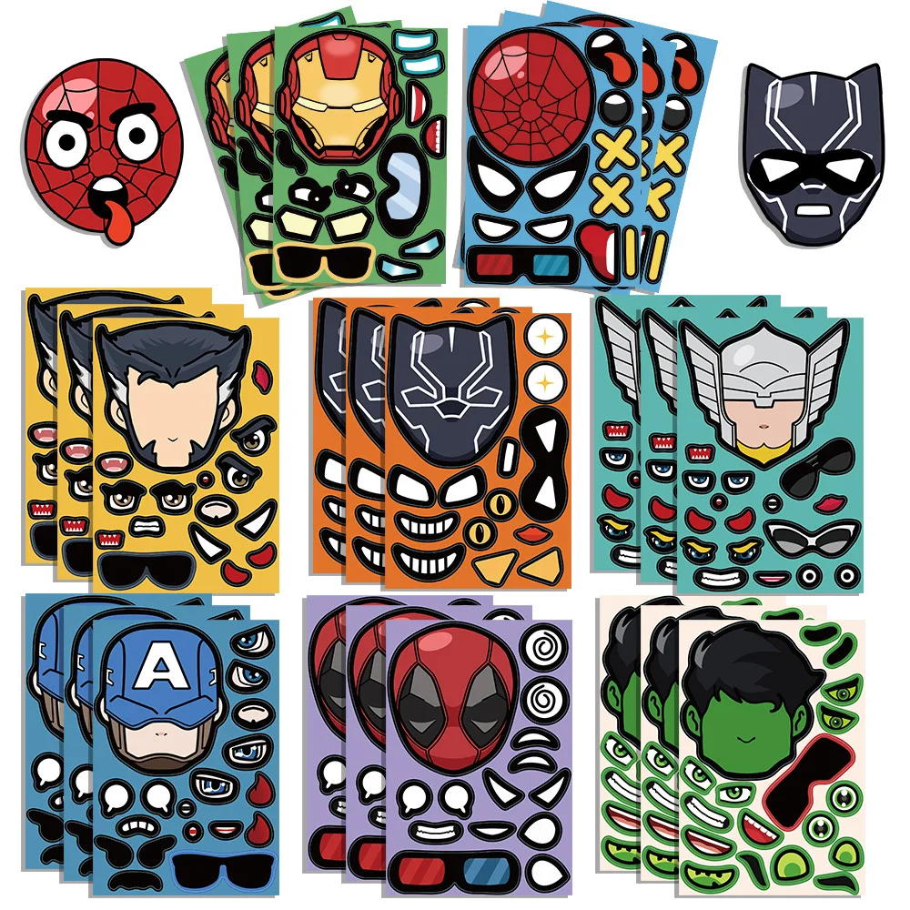 8 lembar Disney Marvel Super Hero DIY stiker Puzzle membuat wajah lucu kartun Decals merakit Jigsaw anak-anak hadiah mainan anak laki-laki