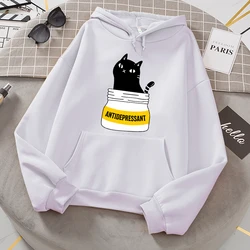 Black Cat Eat Antidepressant Women Hoodies Casual Fashion Hoodie Warm Fleece O-Neck Comfortable Hoody Loose Street Sweatshirt