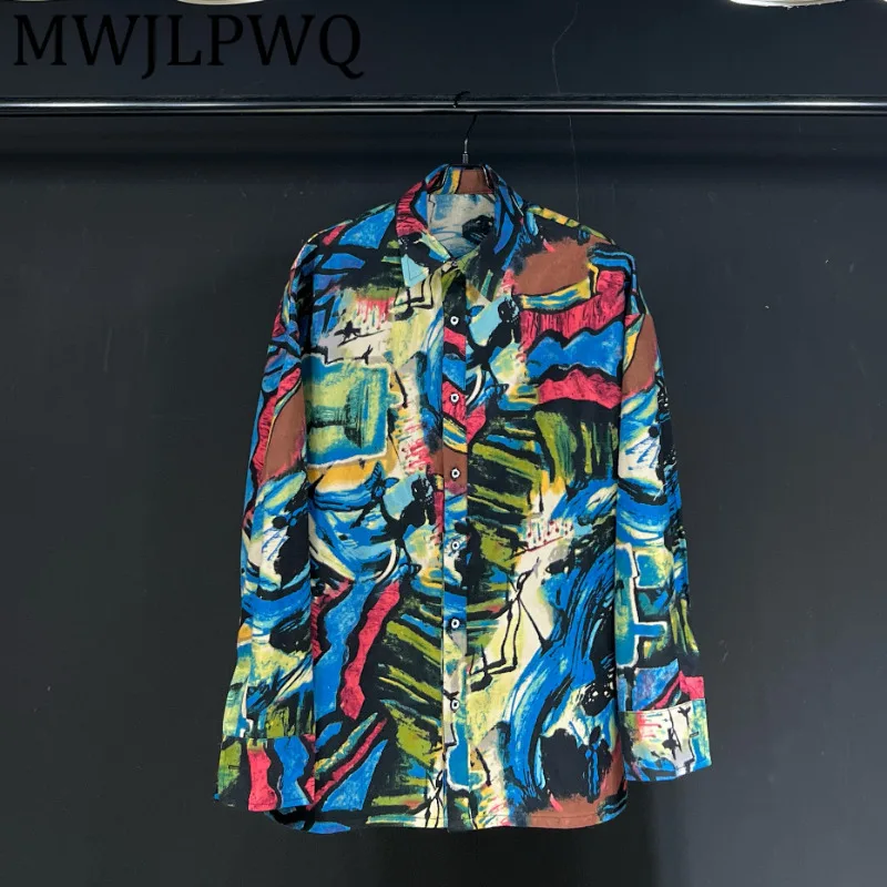 

MWJLPWQ Painting Print Design Male Shirt Tie-Dye Long-Sleeve Single Breasted Unisex Thin Plaid Lapel Casual Tops Autumn 12249