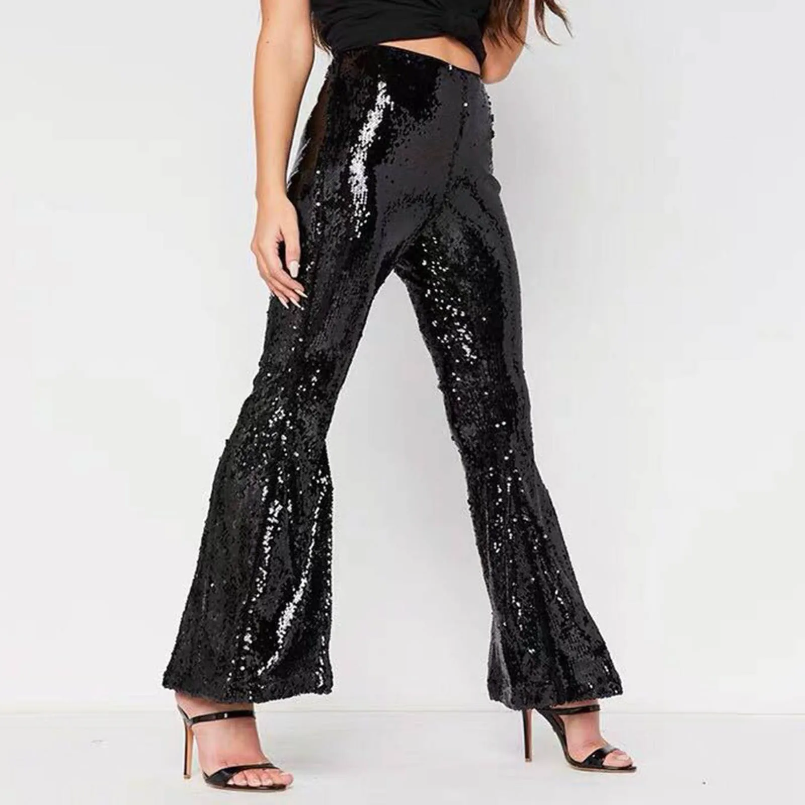 

Sexy High Waisted Slim Fit Flared Pants Women's Retro Disco Fashion Solid Colour Casual Sequins Pants Party Nightclub Wear