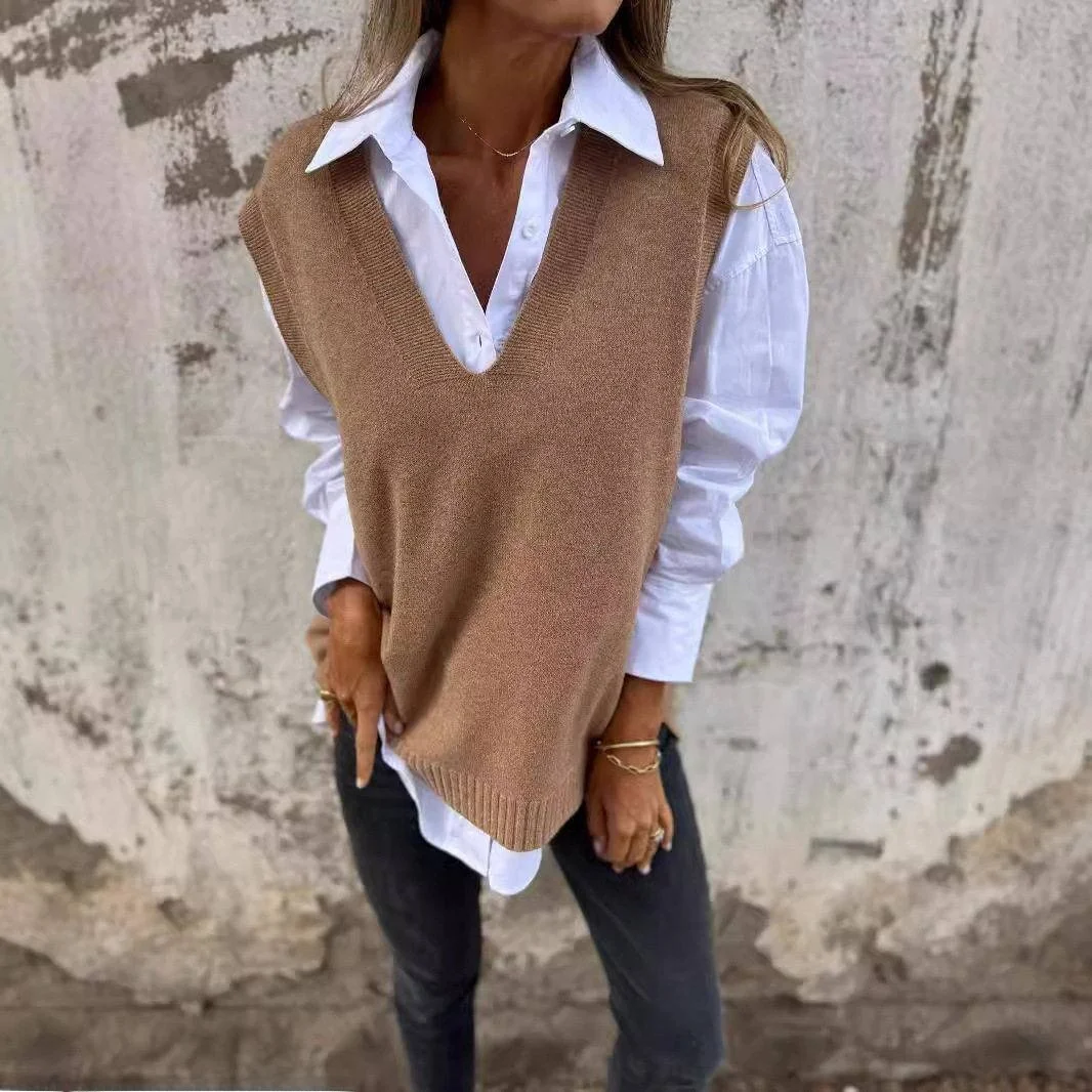 

2024 Autumn Winter Casual V-Neck Knitted Color Sweater Versatile Basic Style Vest Women's Fashion Inner Wear Nylon Mate...