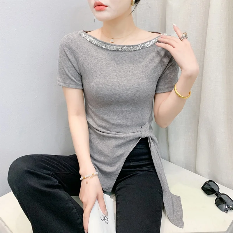 Camiseta ortopé Sve ajustada de verano para mujer, Top versátil con lentejuelas brillantes, cintura ceñida, longitud de ves, diseño Faionable