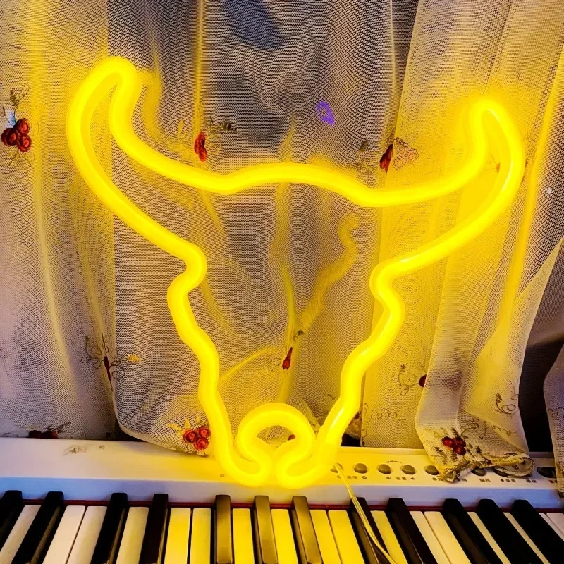 Yellow LED Bull Neon Sign Animal Cow Head Wall Night Light for Room Party Shop Club Pub Wall Festival Decor Birthday Gifts