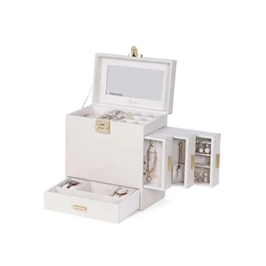 

Jewelry Box with Mirror 5-Layer Jewelry Organizer with 3 Side Drawers Jewelry Display Box with Handle Design Large Storage Capa