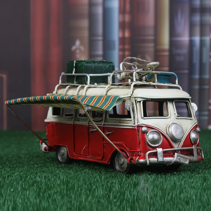 Iron Camping Bus Ornaments Home Decoration Classic Metal Car Shop Wedding Home Decorations Kids Toys Birthday Gifts