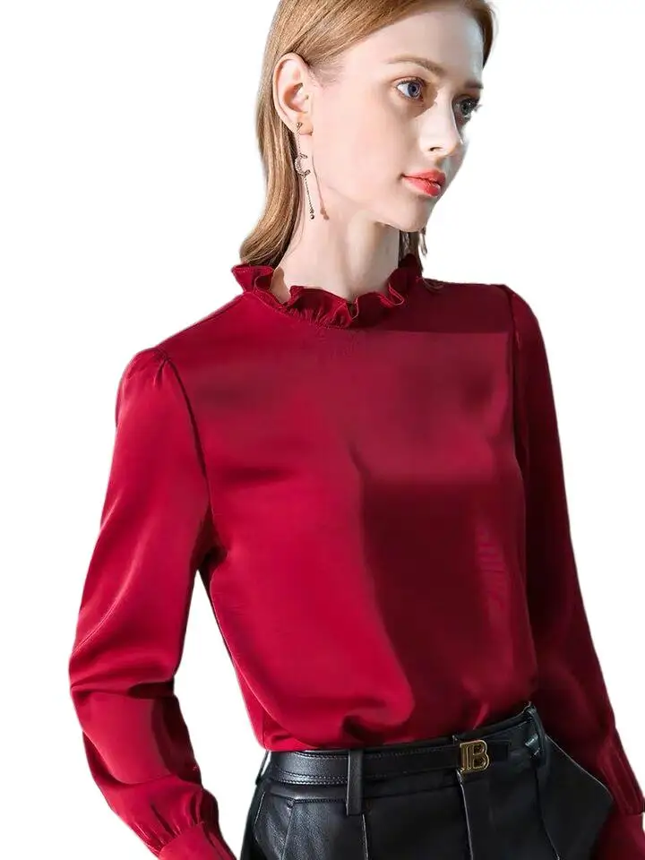 

New Autunm Women Ruffle Neck Satin Shirt Spring Silk Shirts Office Lady Long Sleeve Shirt Female Overshirt Vintage Blouses