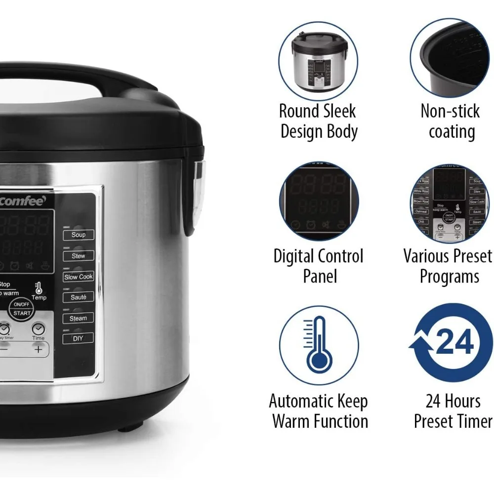 Rice Cooker, Slow Cooker, Steamer, Stewpot, Sauté All in One (12 Digital Cooking Programs) Multi Cooker (5.2Qt ) Large Capacity