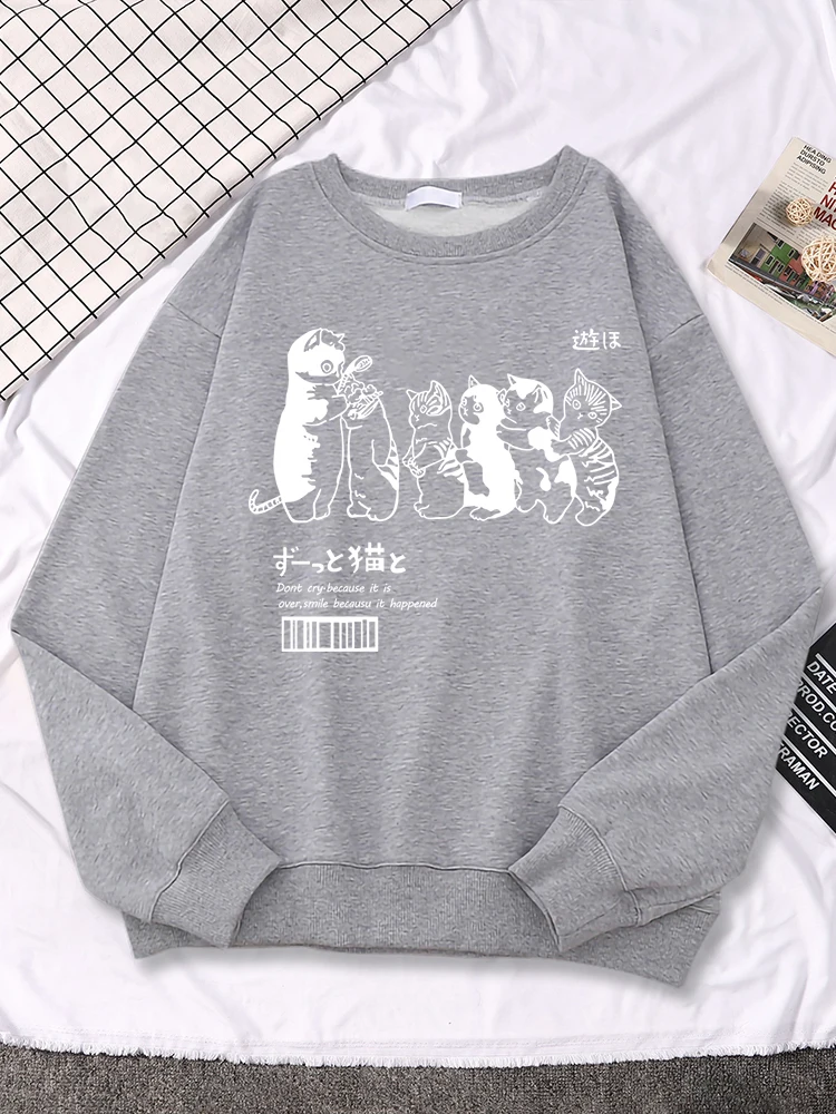 Sweet Women Sweatshirts Cute Kittens Queue Up To Take A Shower Print Streetwear Long Sleeve Soft Hoody O-Neck Female Pullover