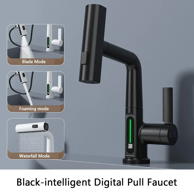 

Black Digital Display Basin Faucet Deluxe Rain Faucets Brass Waterfall Wash Tap Rotatable Pull Sink Mixer Water Tap for Bathroom