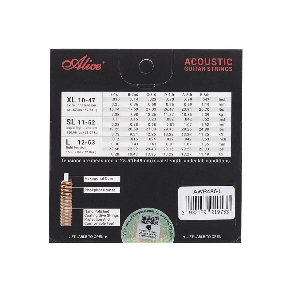 Alice AWR486 Phosphor Bronze Acoustic Guitar Strings 1st-6th Strings Set Hexagonal Core With Nano Polished Coatin