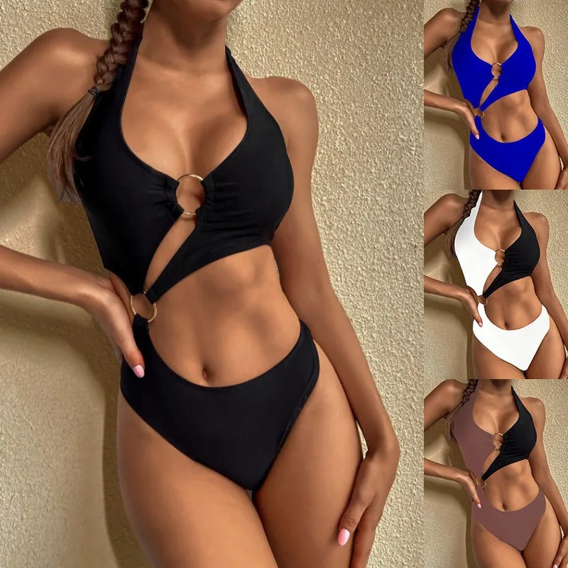 

Sexy Cut Out One Piece Swimsuit Women's Metal Ring Halter Neck Open Back Solid Color Bikini Bathing Suit for Hot Spring Resort