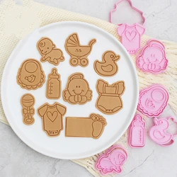 Baby Theme Cartoon Cookie Embosser Cutters 3D Baby Shower Rattles Ball Clothes Feet Skirt Socks Biscuit Mould Cake Tools