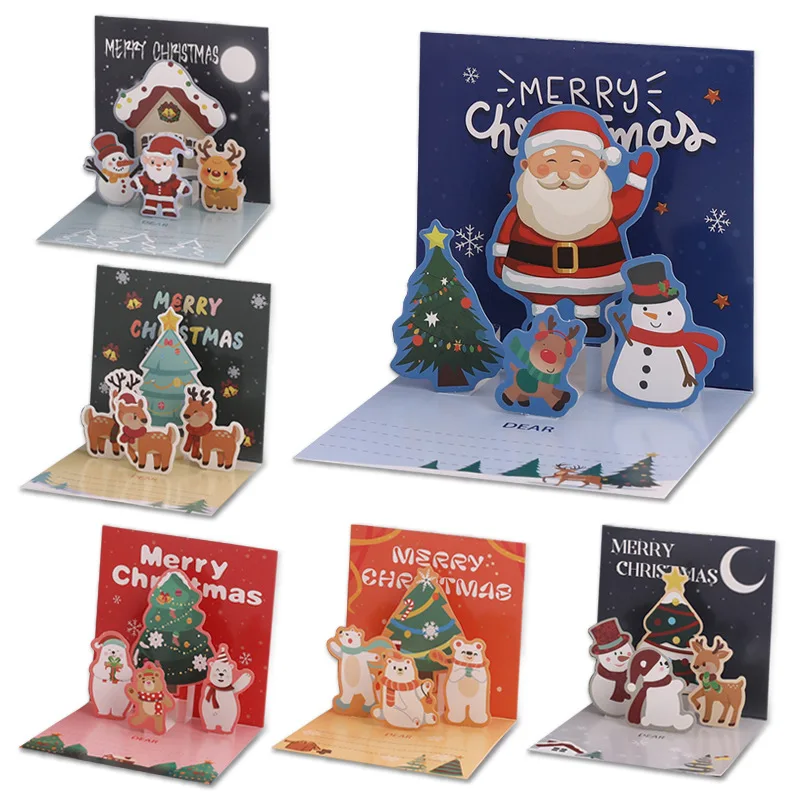 6 Stück 3D-Weihnachtskarten mit zufälligen Mustern und Umschlägen - Weihnachtsszene, Weihnachtsmann, Rentier - Feiertagsgrußkarten für Freunde und Familie, Weihnachtsbotschaftskarten, Geschenke für den Heiligabend, Fir – Detail 3
