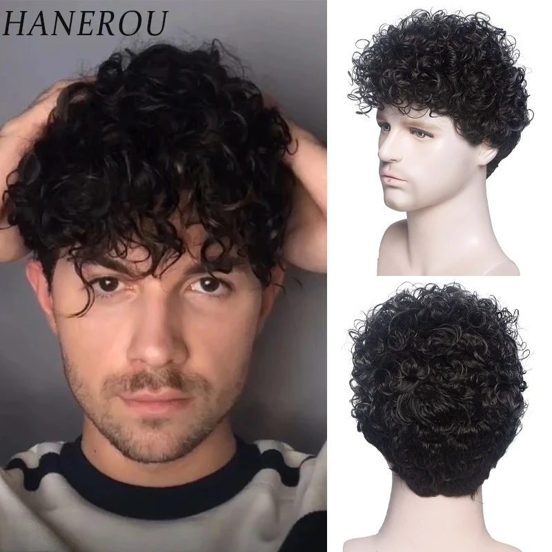 HANEROU Short Men Synthetic Wig Curly Black Natural Wigs with Bangs High Temperature Fiber for Daily Cosplay Party