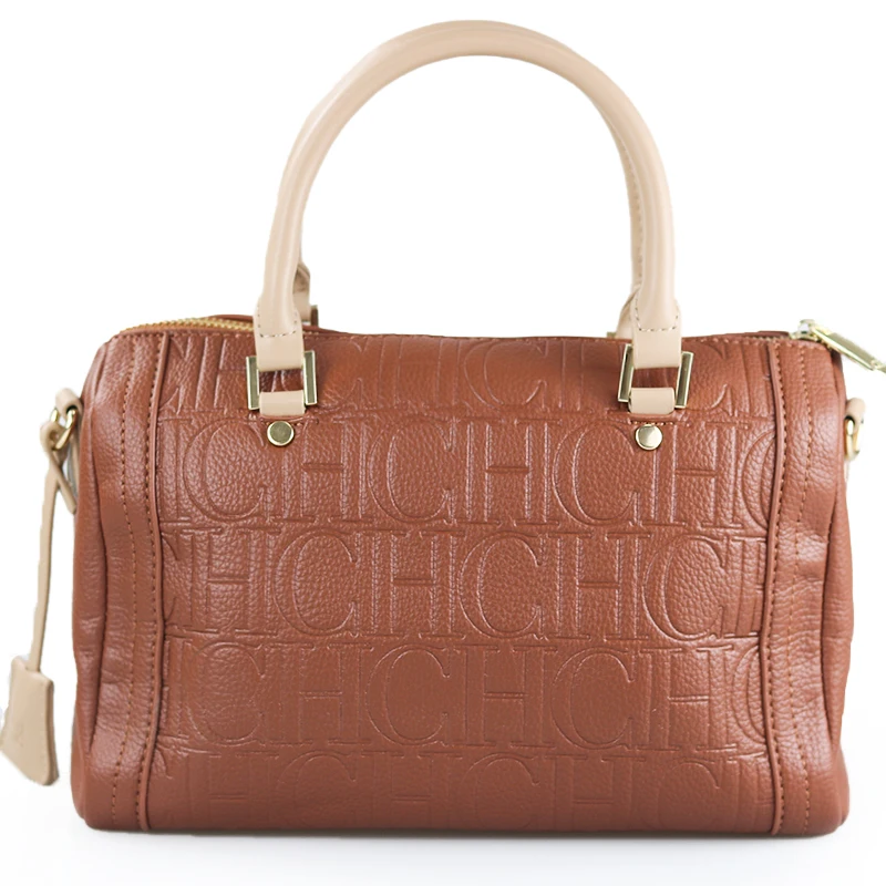 CH Womens Large Capacity Boston Handbag Embossed Letter Pattern Gold Lock Detail Dual Use Daily Shoulder Purse