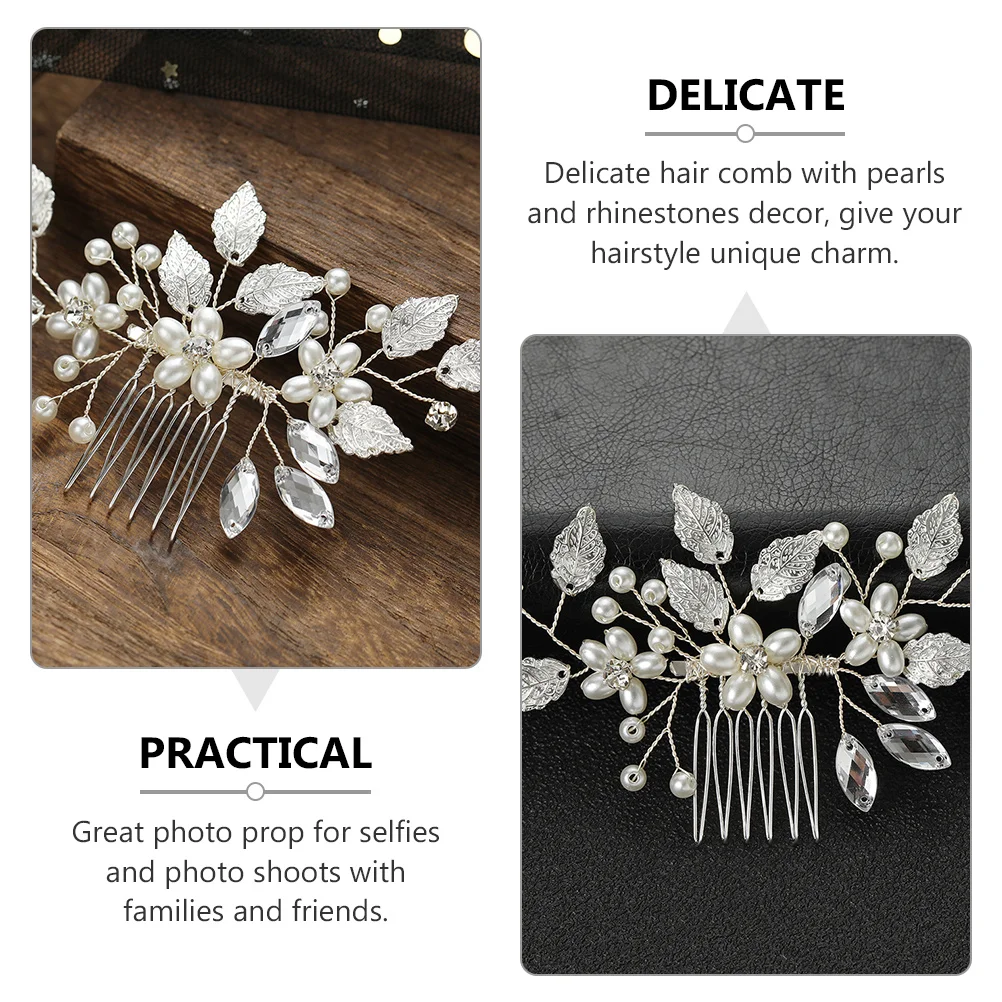 إكسسوارات الشعر الفضية، مشط شعر مرصع بأحجار الراين واللؤلؤ للنساء، تصميم حفل زفاف العروس، مشط جانبي أنيق يحمل بقوة بدون #4