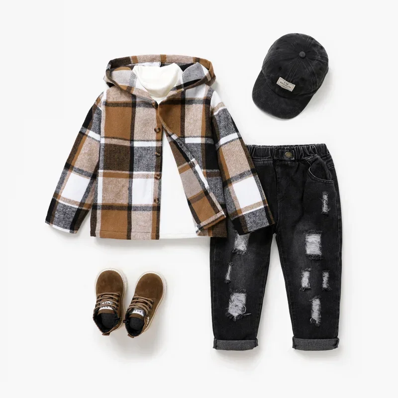 PatPat Kid Boy Hooded Plaid Long sleeves Shirt Jacket Casual/Outdoor Suitable for Autumn Season Soft and Comfortable