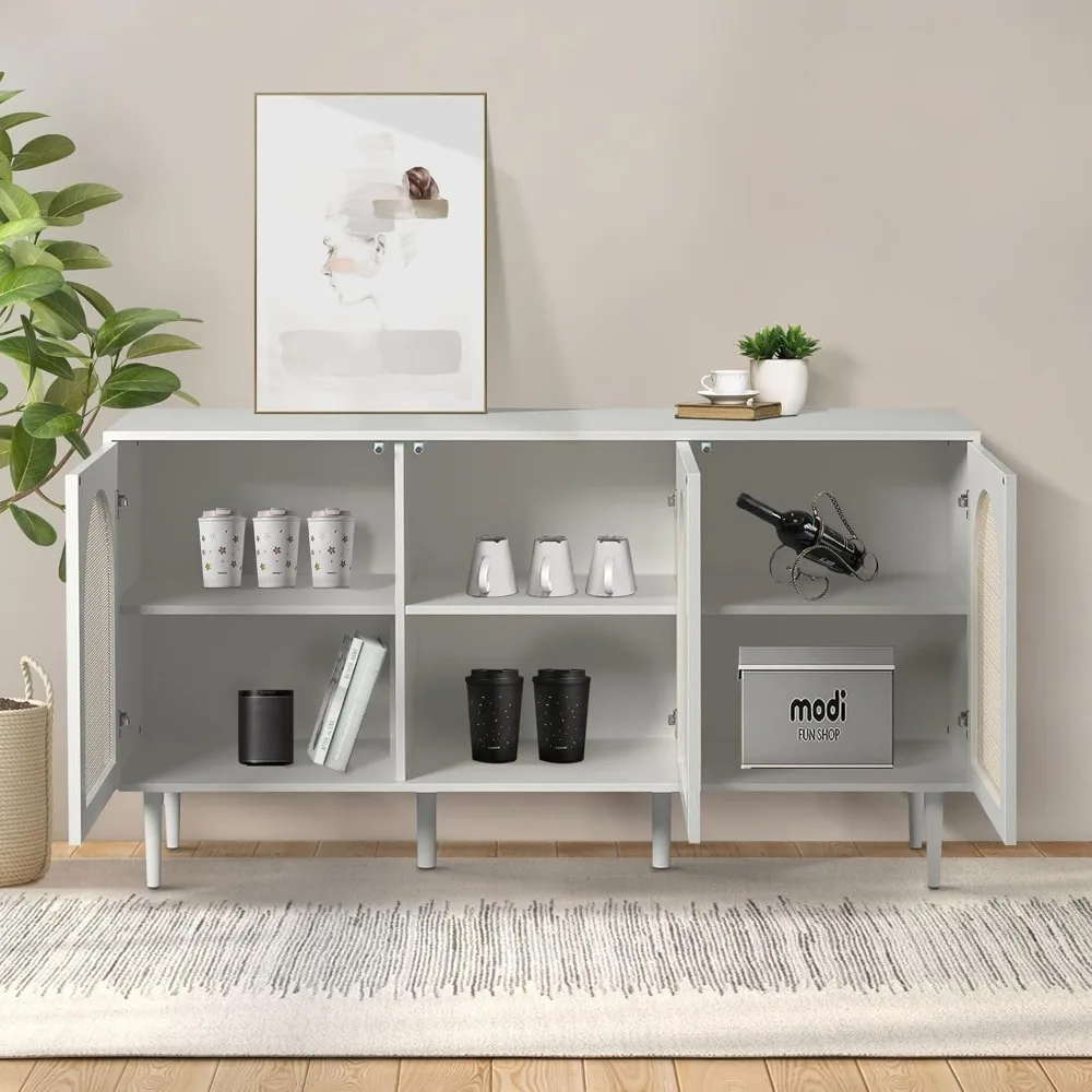 خزانة بوفيه جانبية من Farmhouse Boho مع 3 أرفف و3 أبواب من الروطان، وطاقة تخزين المطبخ بأرجل معدنية،