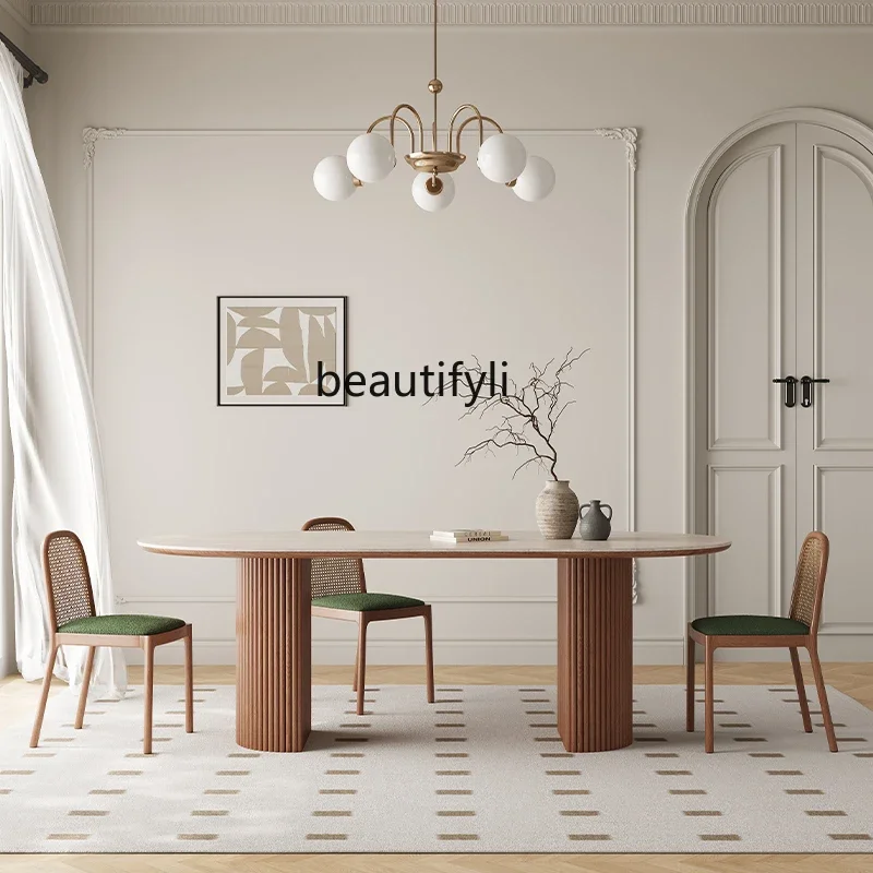 

Slate dining table and chairs French walnut solid wood designer oval medieval wabi-sabi wind table