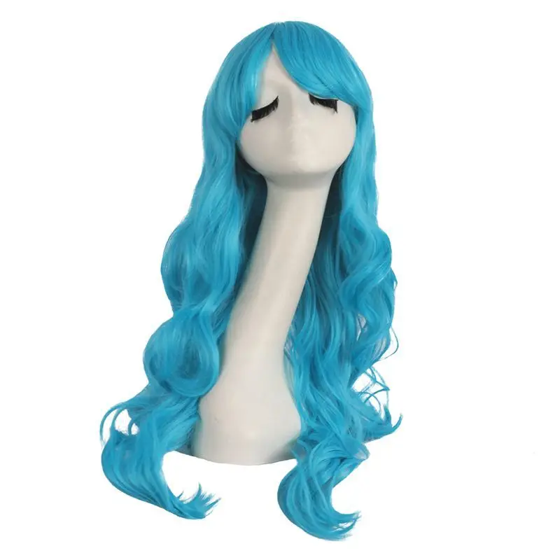 Tongmancos شعر مستعار طويل مع تجعيد طفيف، موجات كبيرة رقيق، شعر طويل مجعد على الطراز الياباني أزرق كامل الرأس 70 سم