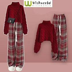 Autumn Winter 2024 New Fried Dough Twists Knitted Sweater Pullover Plaid Splice Pants Two Piece Women's Pants Set Casual Outfits