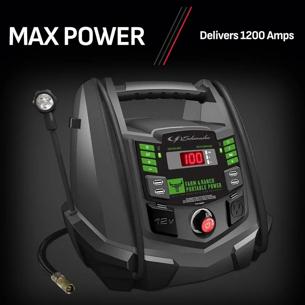 Schumacher Electric 1200A Jump Starter ومحطة طاقة محمولة للمزرعة والمزرعة، حل 5 في 1 لبطاريات 12 فولت