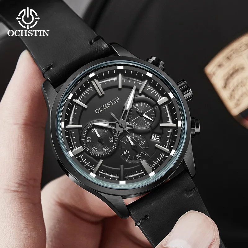 OCHSTIN Man Durable Supple Leather Strap Men's Multifunctional Quartz Movement Elegant Tactical Aviator Dress Watch For Male