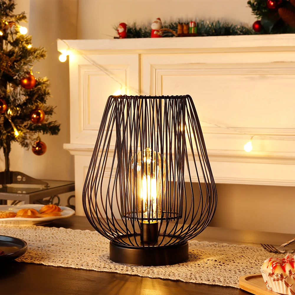 Metal Cage Table Lamp Battery Powered Cordless Decorative Lamp with 1M USB Power Connection for Home Decor Weddings Garden Party