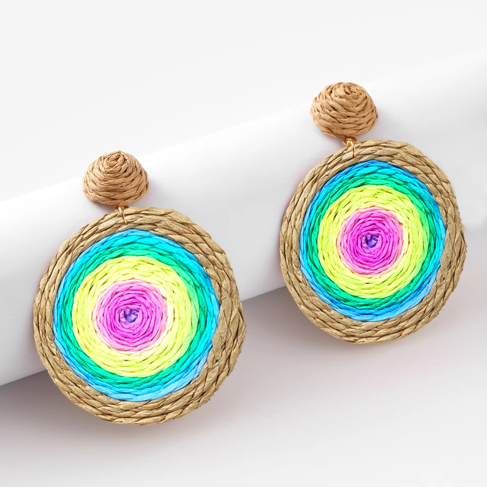 Bohemian Rattan Earrings Straw Wicker Braid Colorful Raffia Round Drop Dangle Earrings for Women Summer Beach Jewelry