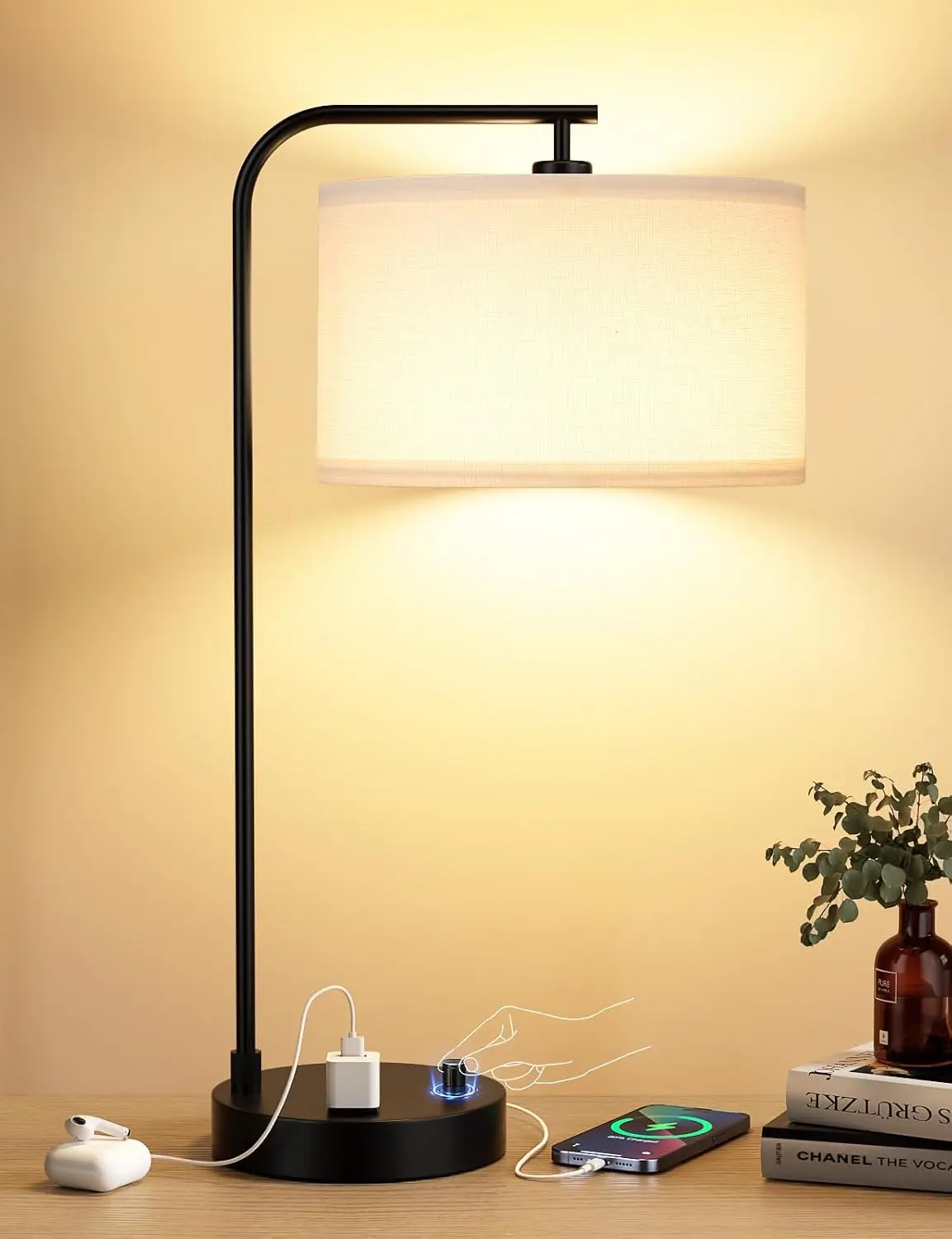 Side Table Lamp with USB Port and Outlet, Dimmable Nightstand Lamp with Linen Shade, Desk Lamp for Bedroom Living Room, LED Bulb Included