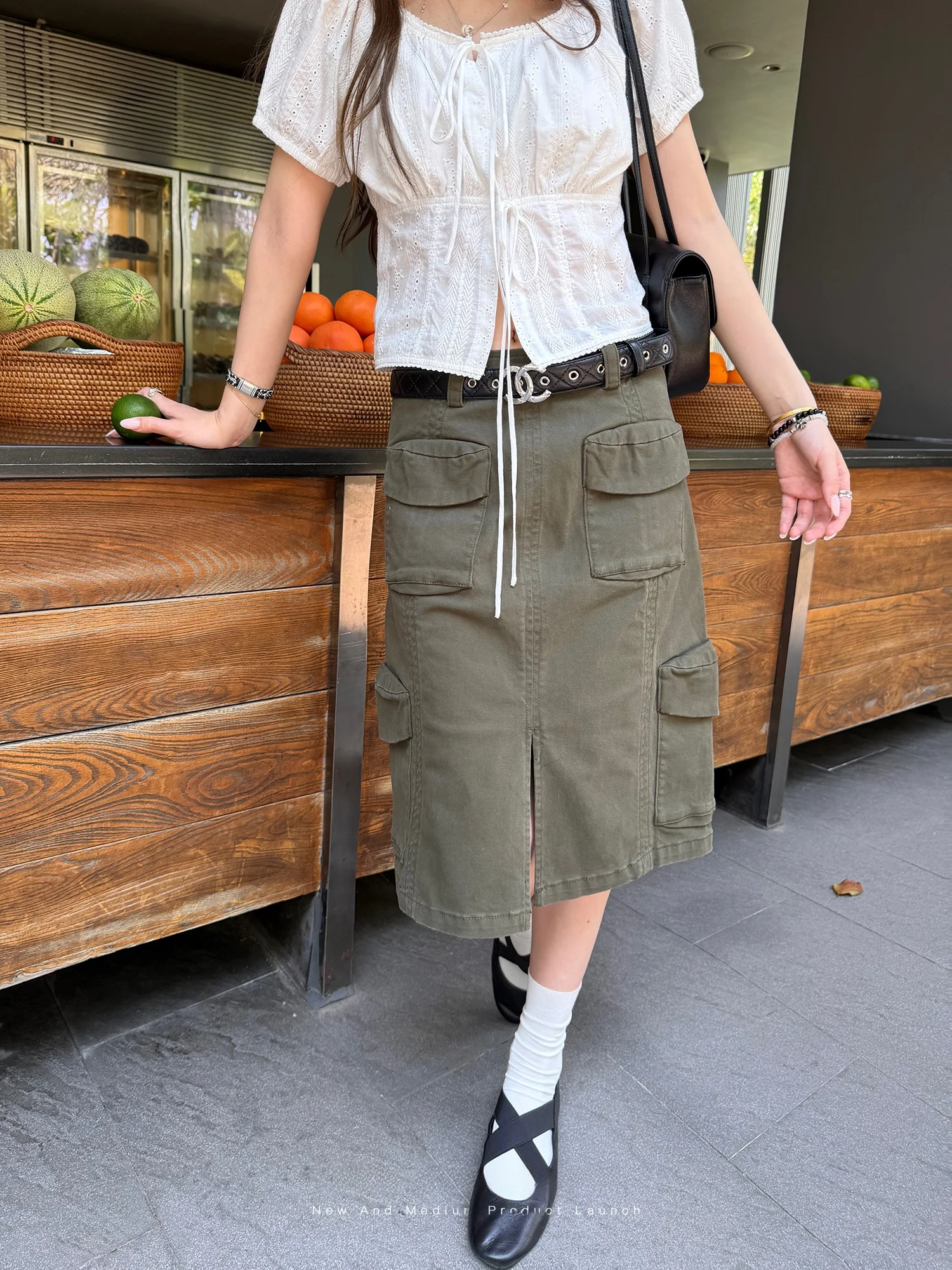 

FCY Studio American Retro Green Workwear Skirt High Waist Casual Style Front Slit No H-Shape A-Line Skirt