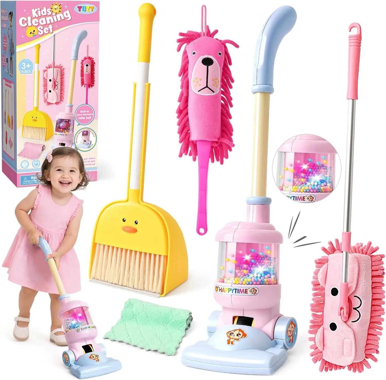 

Kids Cleaning Toy Set for Ages 2-4, 6-Piece Pretend Vacuum with Light & Sound, Animal Broom Mop Educational Role Play Gift
