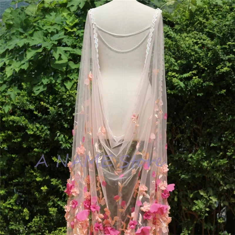 Purple Pink 3 D Flowers Floral Wedding Bridal Cape Shoulder Veils Lace Edge Leaves Luxury Long Accessories For Brides Unique