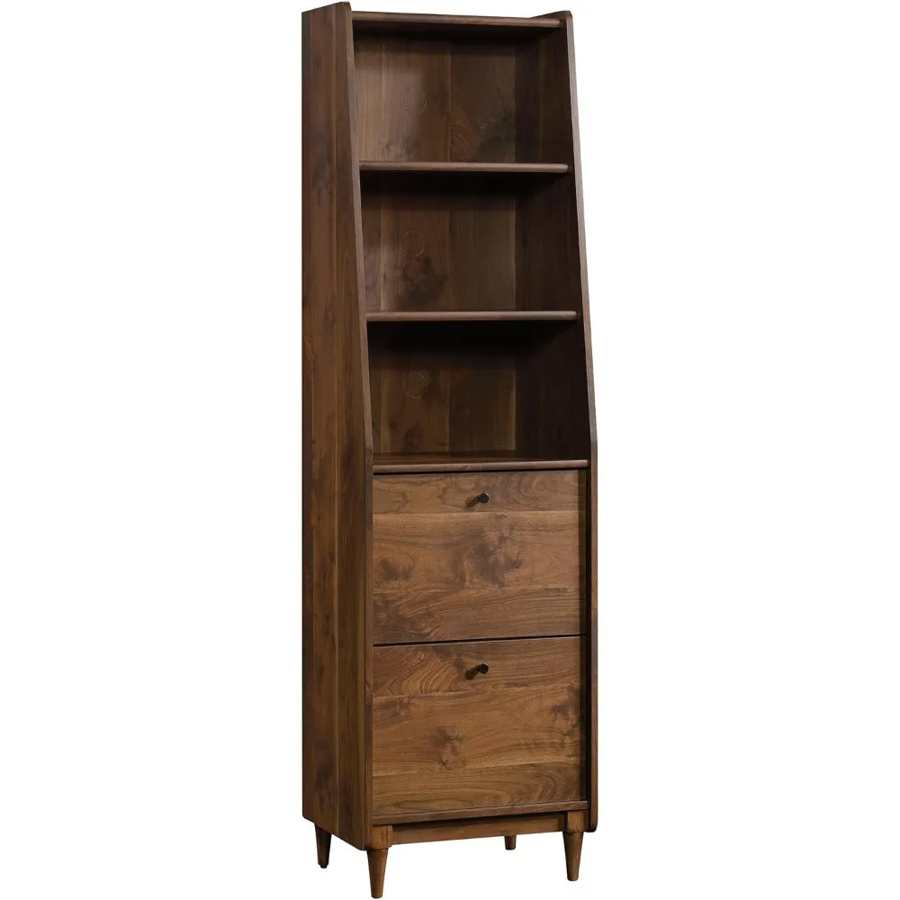 Mid-Century Modern Tall Narrow Bookcase with Drawers in Grand Walnut Finish by Sauder Harvey Park