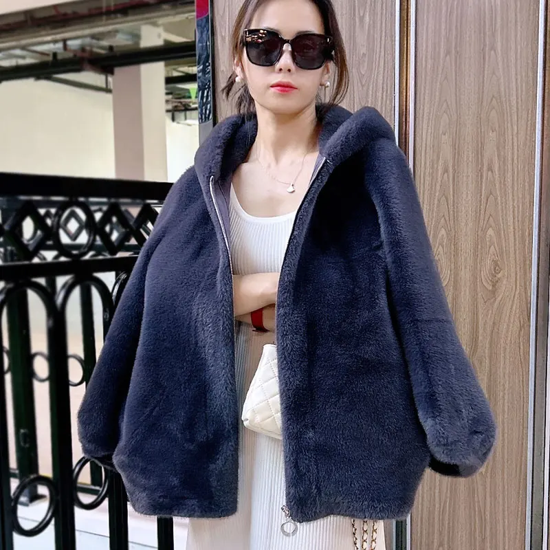 2024 Women Autumn Winter Imitation Mink Cashmere Coat Lady Loose Oversize Short Cardigan Female Casual h Knit Outerwear RS-607