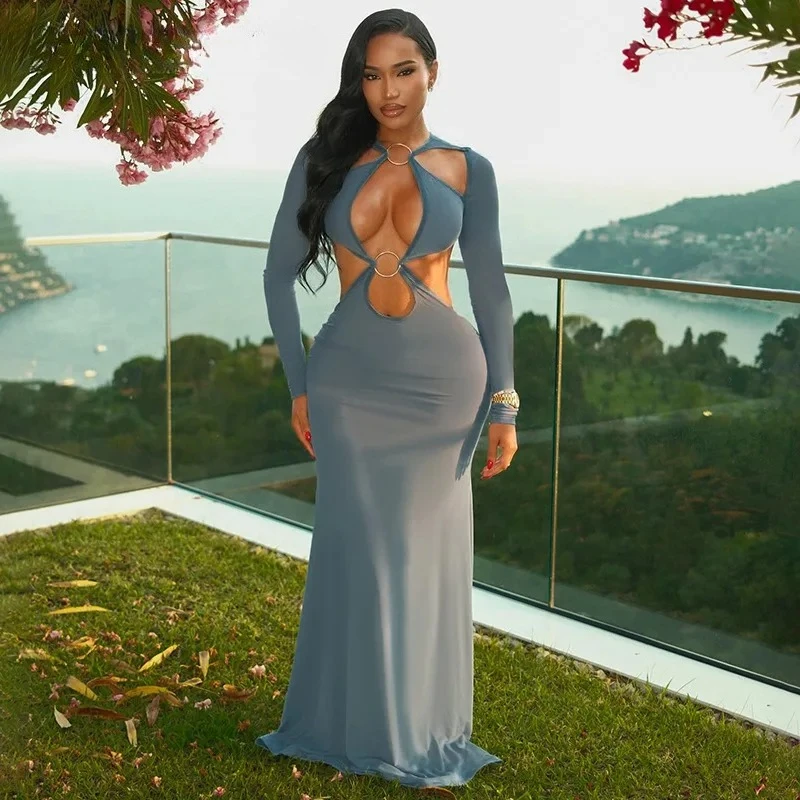 BWQ Women Cutout Roll Splicing Long Sleeve Bodycon Midi Maxi Long Dress 2025 Fall Vacation Party Birthday Dresses Vestidos